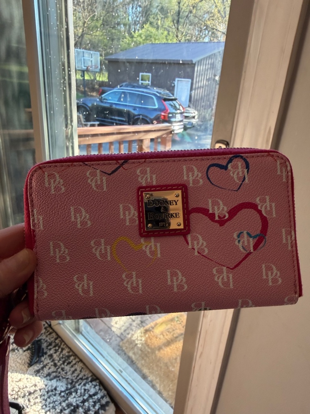 Dooney & Bourke Pink Heart Print Zip Wallet w/Adorable Tassel